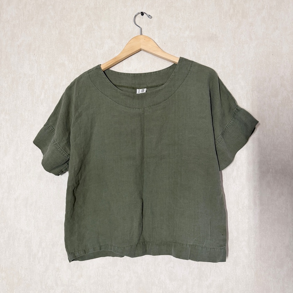 Len Ok Women’s 100% Linen Top Shortsleeve Lagenlook in Green L